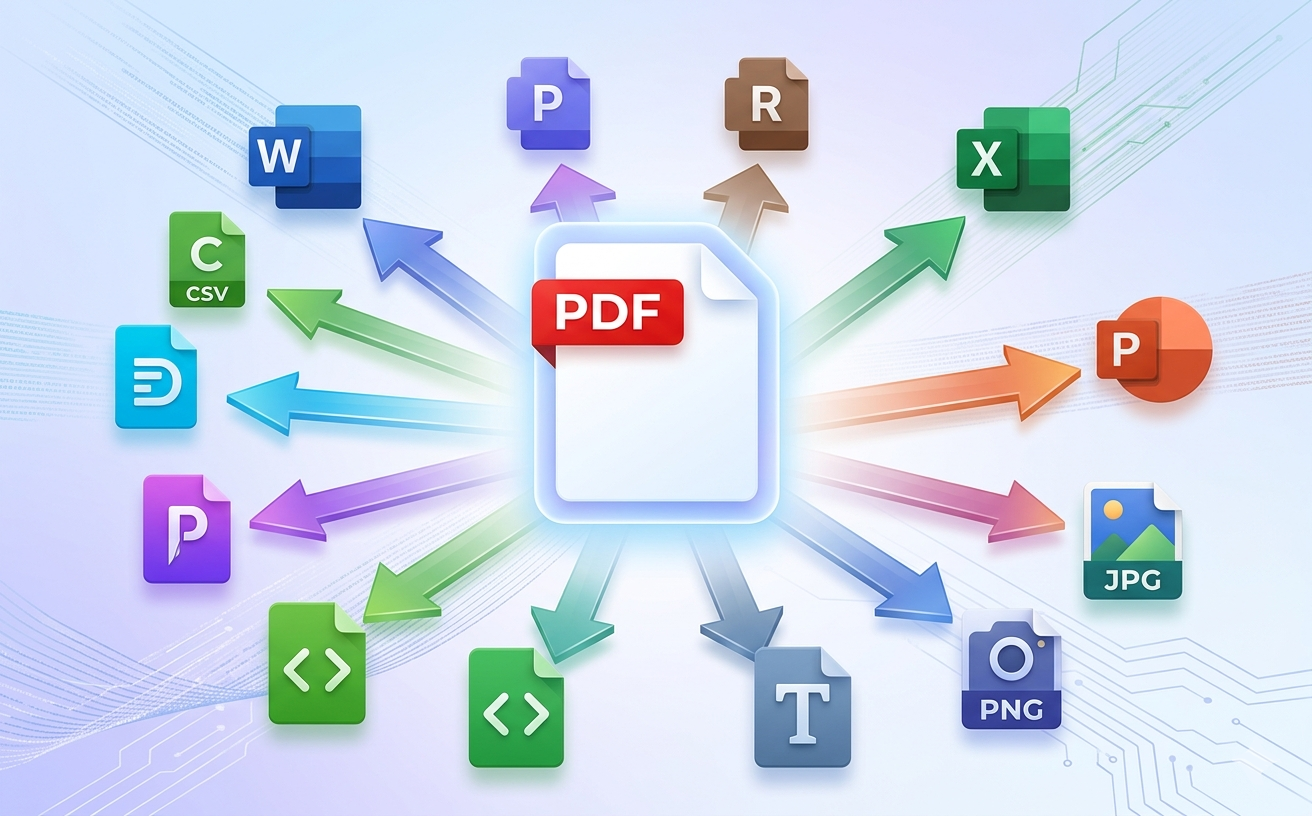 PDF document with arrows pointing to multiple format icons including Word, Excel, PowerPoint, images, and text representing conversion options