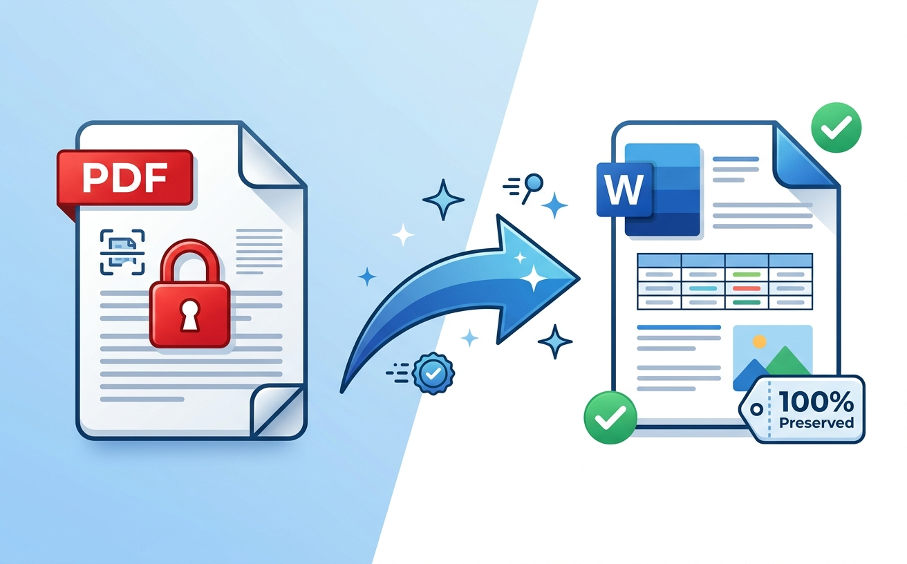 PDF document with lock icon and text converting into a Microsoft Word document with preserved formatting and tables