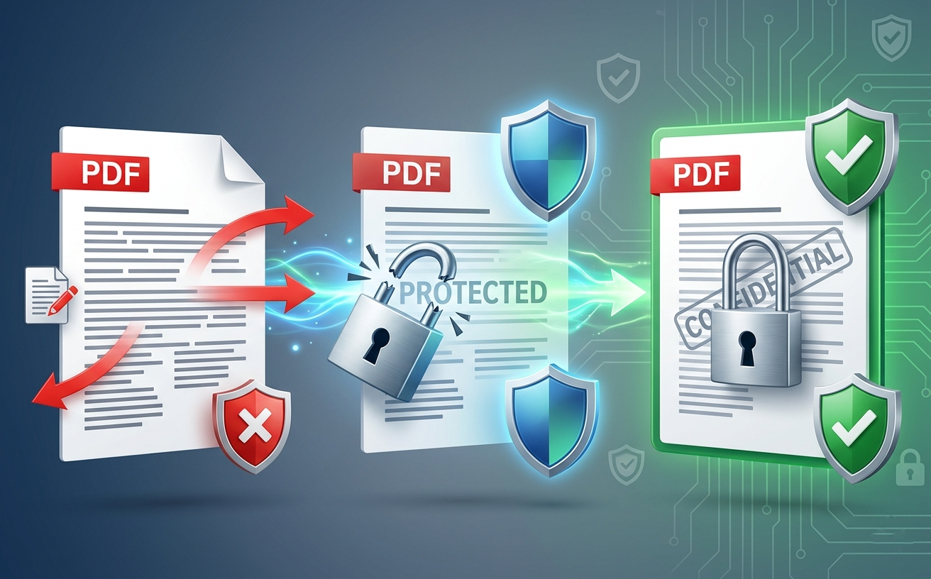 PDF document with padlock icon and watermark overlay showing security layers and access restrictions for protected content
