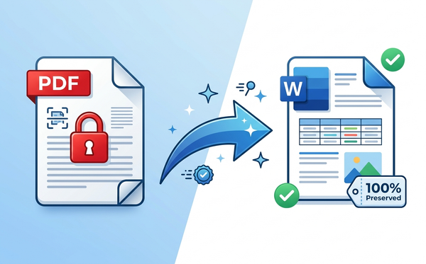 PDF document with lock icon and text converting into a Microsoft Word document with preserved formatting and tables