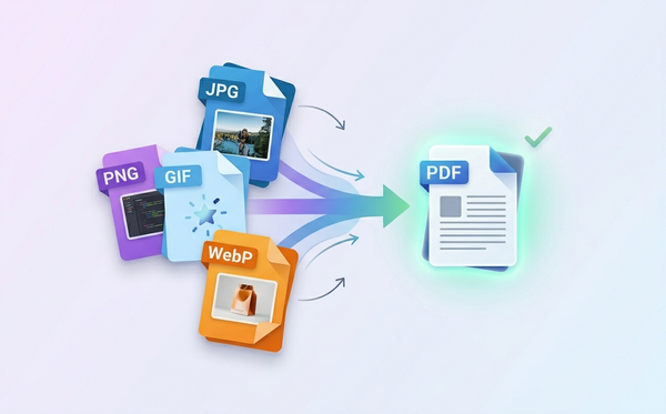 Multiple image file formats (JPG, PNG, GIF, WebP, HEIC) converting into a single PDF document