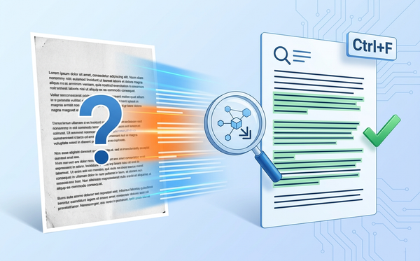 Scanned document image transforming into searchable PDF with visible text layer and magnifying glass icon showing search capability