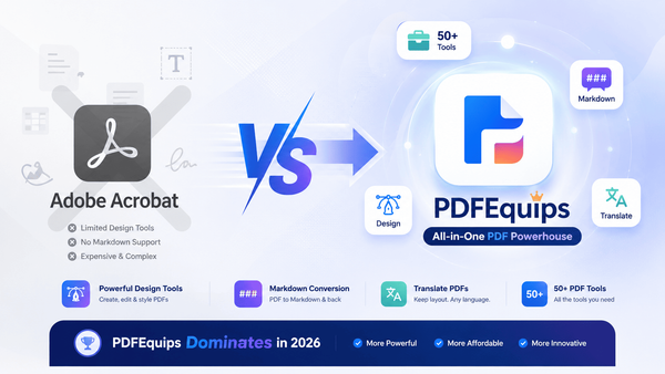 PDFEquips vs Adobe Acrobat alternatives comparison banner showing PDFEquips as winner with PDF design tool, markdown conversion, and document translation features
