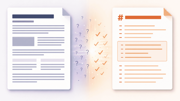 A PDF page being converted into structured Markdown with headings and lists