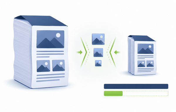 A large PDF file shrinking to a smaller size with a before-and-after size comparison